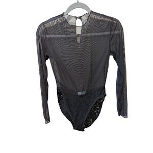 Guy Laroche Black Mesh Lace Long Sleeve Bodysuit Snap Closure Large Vintage